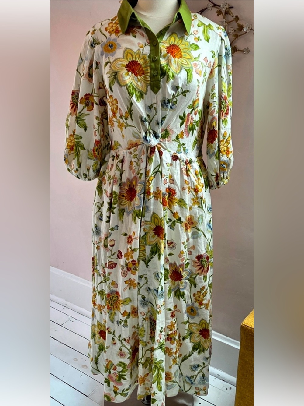 Magaschoni 100% Linen Botanist Twist Front Shirt Dress - Size M